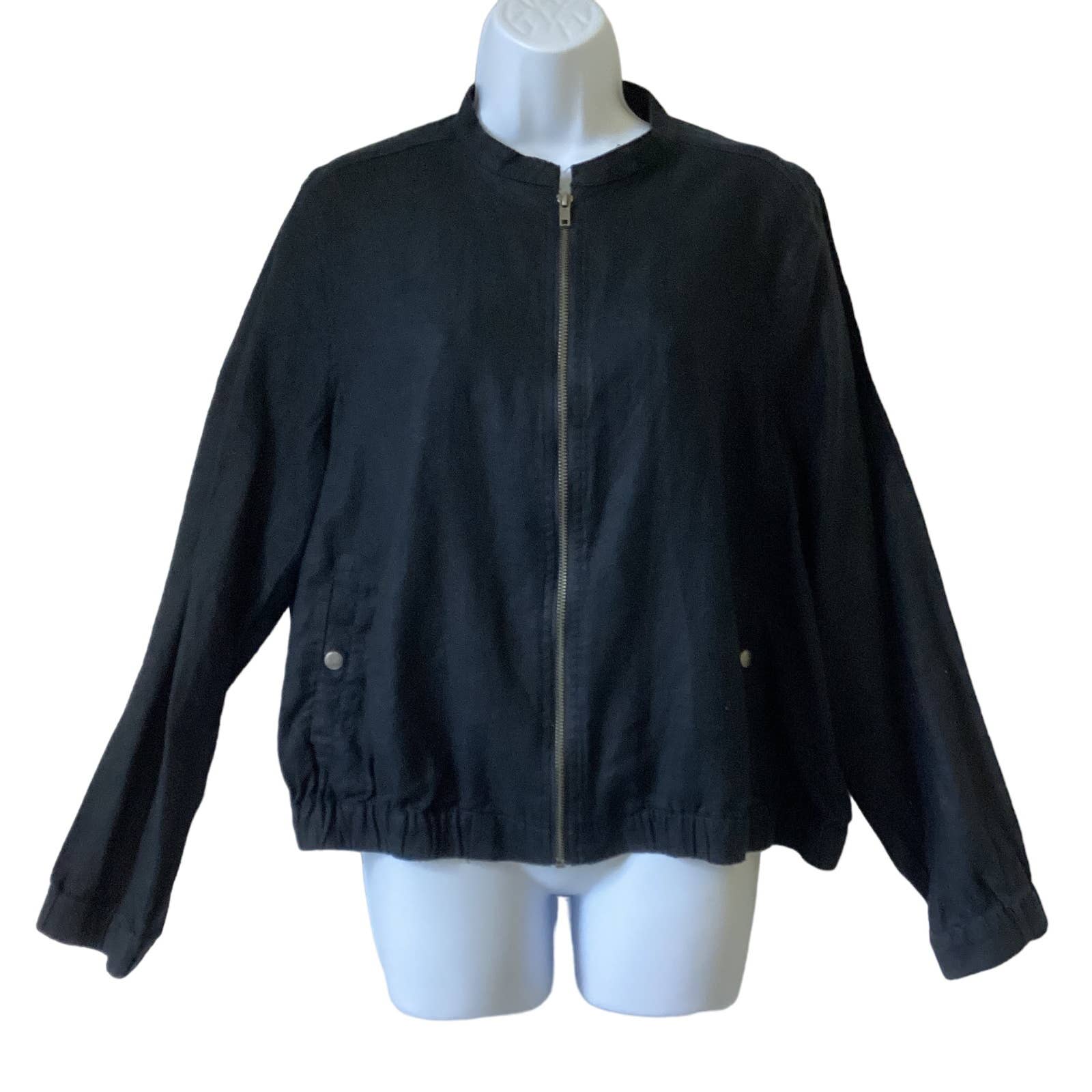 Cynthia Rowley Jacket Womens Large Black Linen Zip Up Classic Core Minimalist